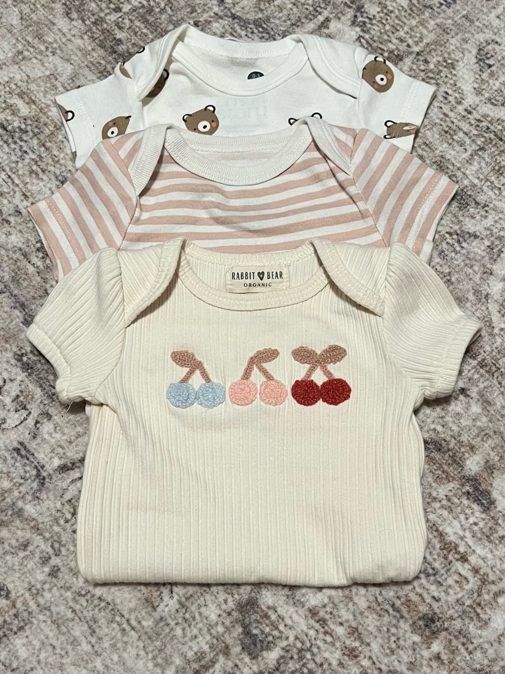 Cream Cherry Ribbed Baby Bodysuit - 3-Pack Set